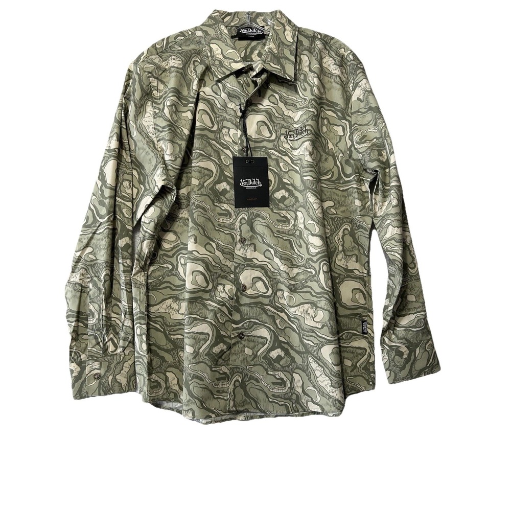 Von Dutch Originals Men's Large Beige Ground Stone & Dark Green Pattern Shirt